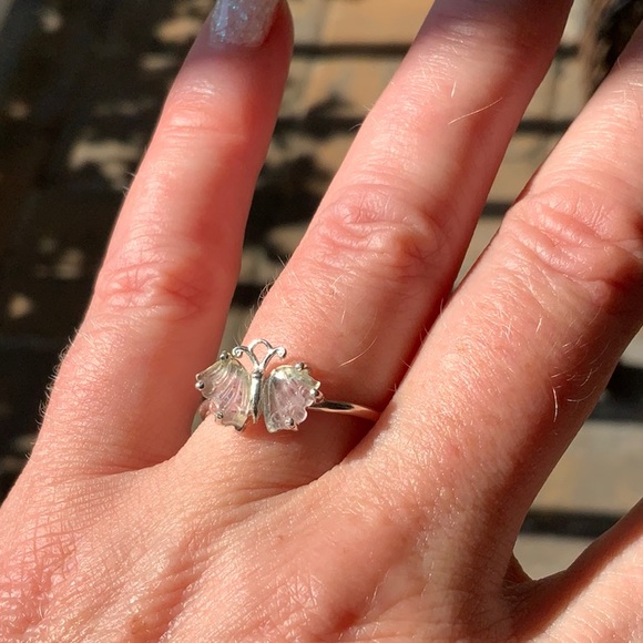 HAND CARVED WATERMELON TOURMALINE BUTTERFLY 925 STERLING SILVER RING, SIZE 7.75 - Picture 7 of 8